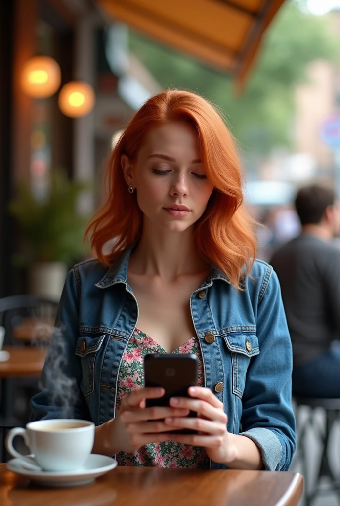 A mid 20 usa woman with shoulder-length red hair, wearing a denim jacket over a floral dress, enjoying a coffee at an outdoor café, looking thoughtfully at her smartphone.