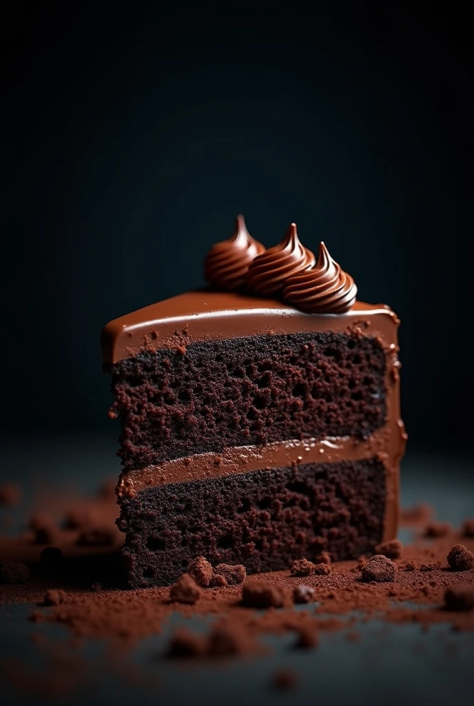 cinematic film still chocolate, chocolate cake, dark background, quality photo, moist texture, frosting, studio photo, slice . shallow depth of field, vignette, highly detailed, high budget, bokeh, cinemascope, moody, epic, gorgeous, film grain, grainy