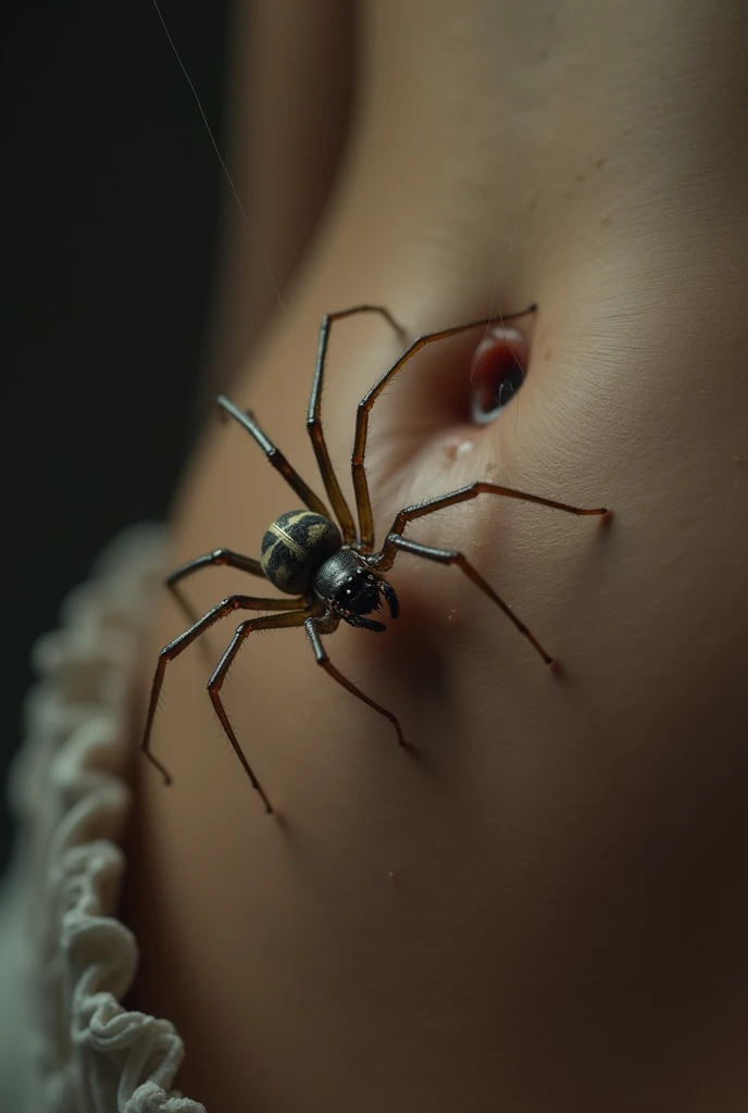 A small, life-sized spider slowly descending on its web toward a naked sweaty female breast. The spider should be highly detailed and realistic, with its thin legs and delicate body clearly visible. The web should be fine and almost transparent, subtly standing out against the background. The female breast should be in focus, and the female lips in the background, with sharp details such as the roundness of the breast and the texture of the nipple. The scene should convey a sense of closeness and tension, capturing the moment as the spider approaches the breast. sweaty girl, big boobs, high details, high details. Zoomed out shot. Full body view, sweaty body, highly realistic, high details, high details