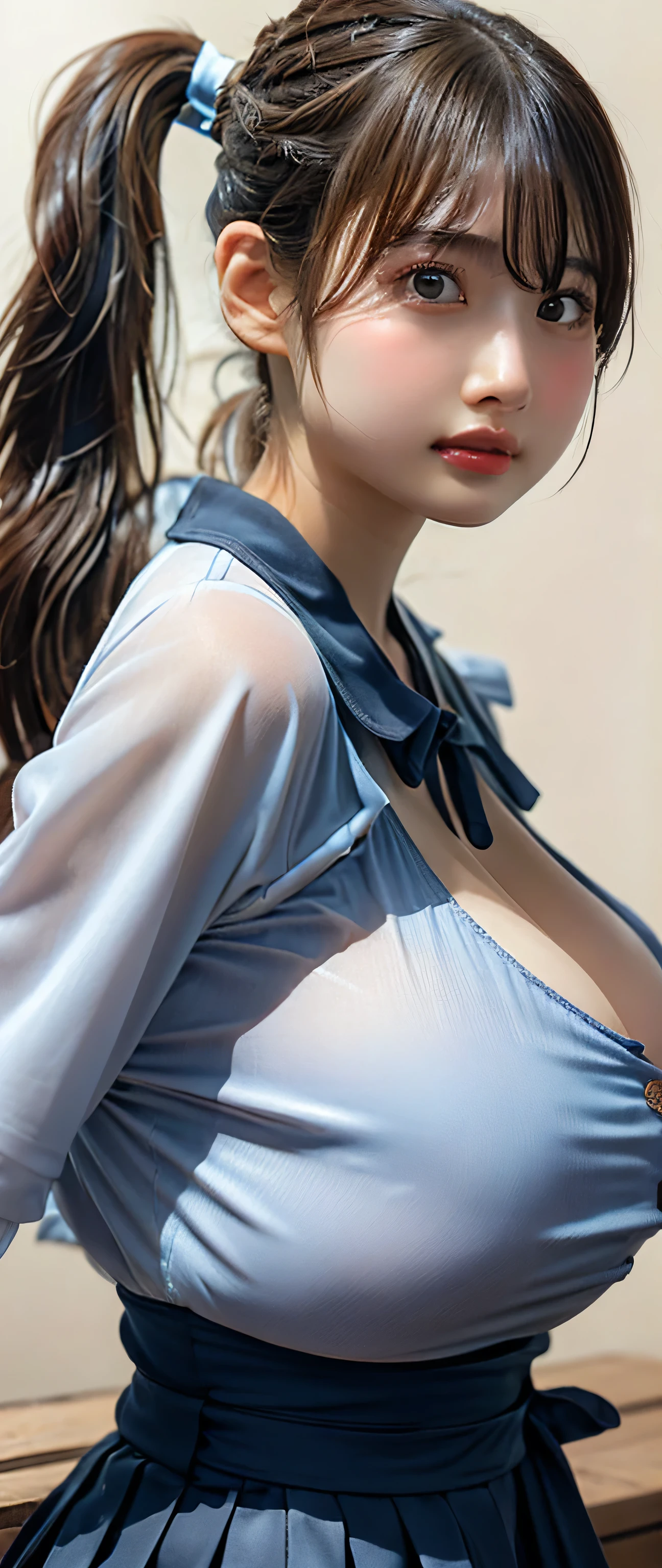 (Highest quality、Tabletop、、Best image quality、Award-winning works)、Cute school girl、けたWhite polyester collared shirt、Short sleeve:1.4)、(Navy Pleated Skirt:1.1)、Portrait of、Glowing Skin、Brown Hair、Random pose、(The simplest pure white background:1.1)、(Very large face and larger breasts:1.95)、Accentuate your body lines:1.1)、Very large red ribbon tie、((ponytail:1.5))、Very cute smile、((naked))