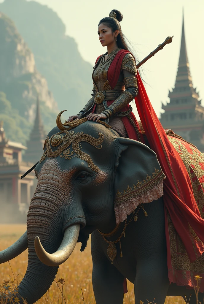 a female asian worrier riding on the head of an elephant during 16th century arakan ,'' the nose of elephant is directing  upward'' (which is important) and the background is mrauk u