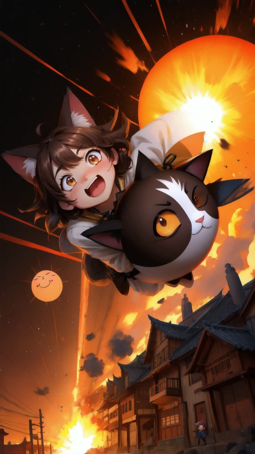 A colossal cartoon cat bomb labeled 'Rug Pull' flying through the air in an explosive brown-themed environment. The scene is set in an ancient Asian village with buildings and cobblestone streets rendered in warm brown hues. The cat bomb, with wide eyes and a mischievous expression, is surrounded by blazing missiles, creating a surreal yet dynamic atmosphere, with small characters reacting to the impending chaos below.