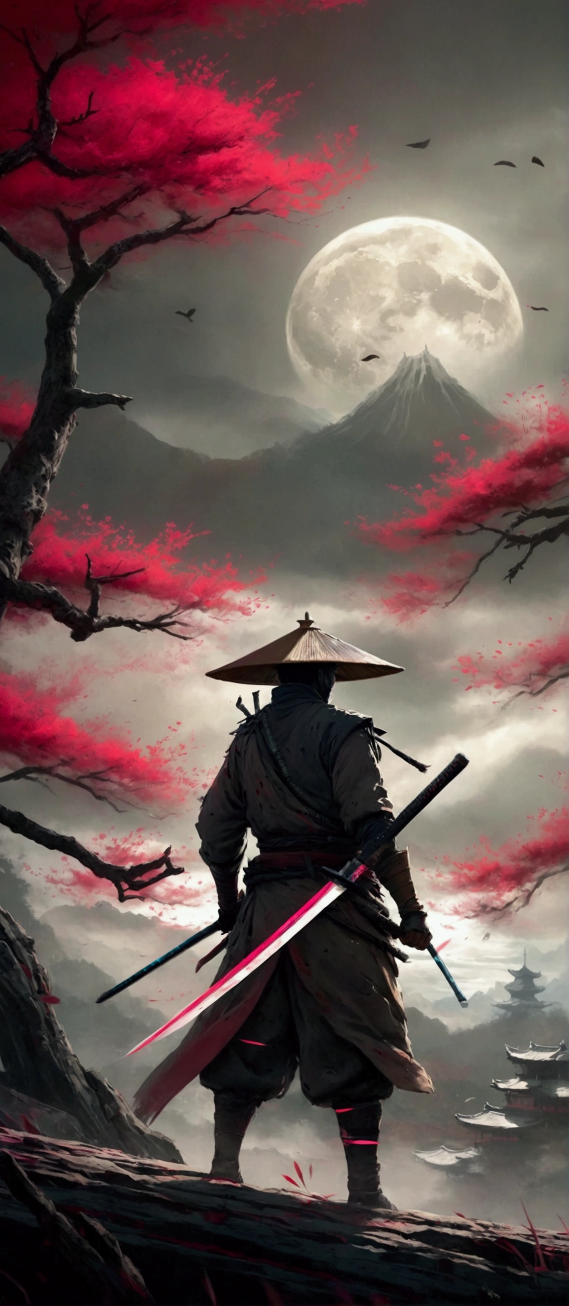 a painting of a man with a sword and a red sun, sekiro in bloodborne world, sekiro, inspired by Kanō Hōgai, feudal japan art, ghost of tsushima, traditional japanese concept art, inspired by Edo Murtić, ronin, inspired by Ma Shi, sekiro mountain, samurai style, benedick bana