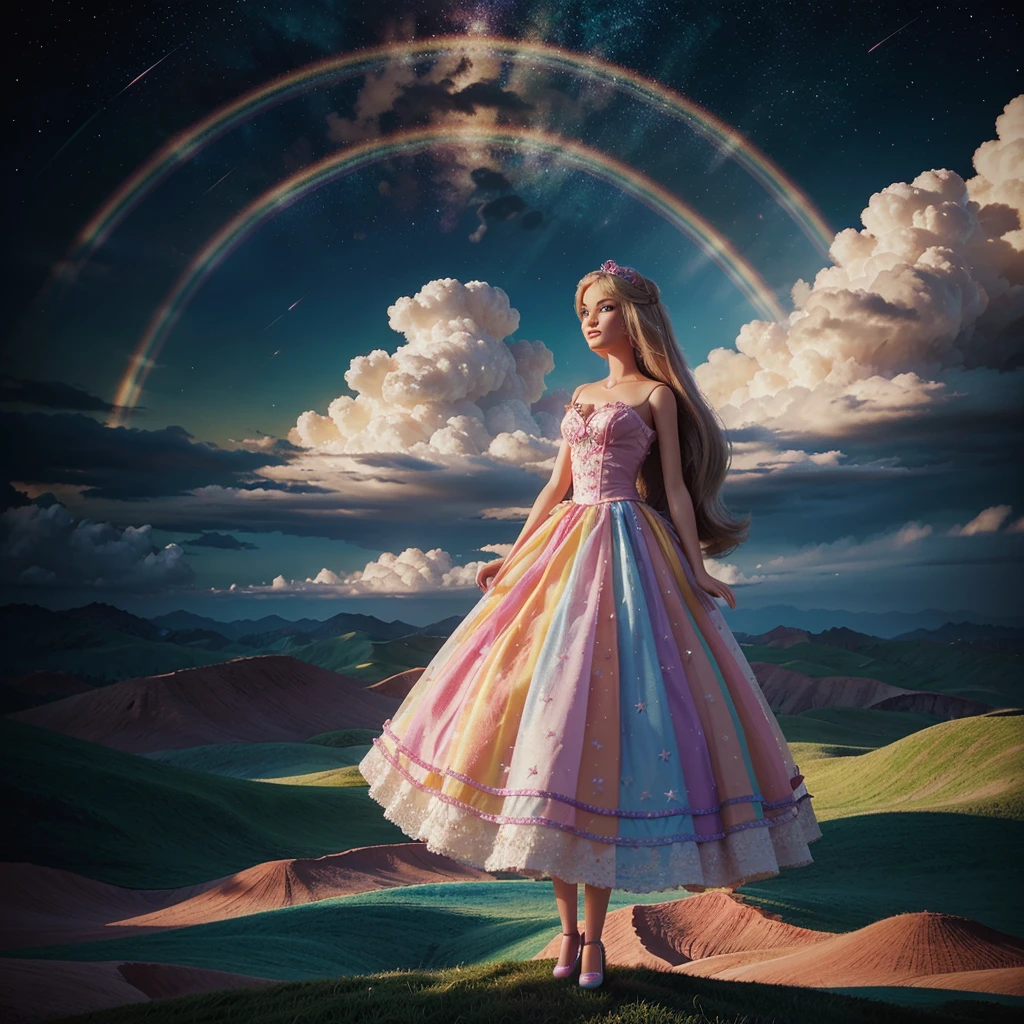  A whimsical illustration of Barbie standing in a fantastical landscape with stars, rainbows, and fluffy clouds