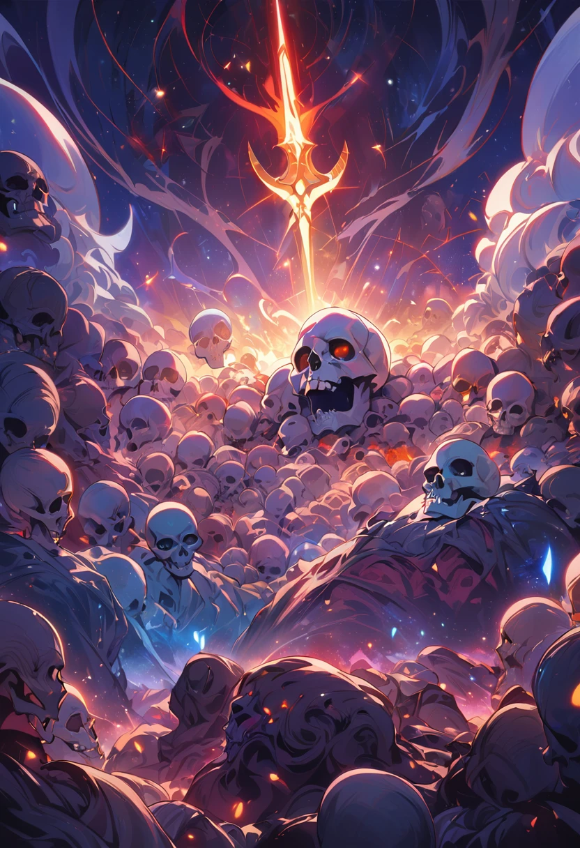 skull and lucifer talking to each other above a pile of corpses, fancy, intrikate, chic, highy detailed, centred, symetry, painted, intrikate, volumetric lighting, comely, masterpiece rich in deep colors, sharp focus, ultra detaild, in the style of dan mumford and marc simonetti, astrophotography
