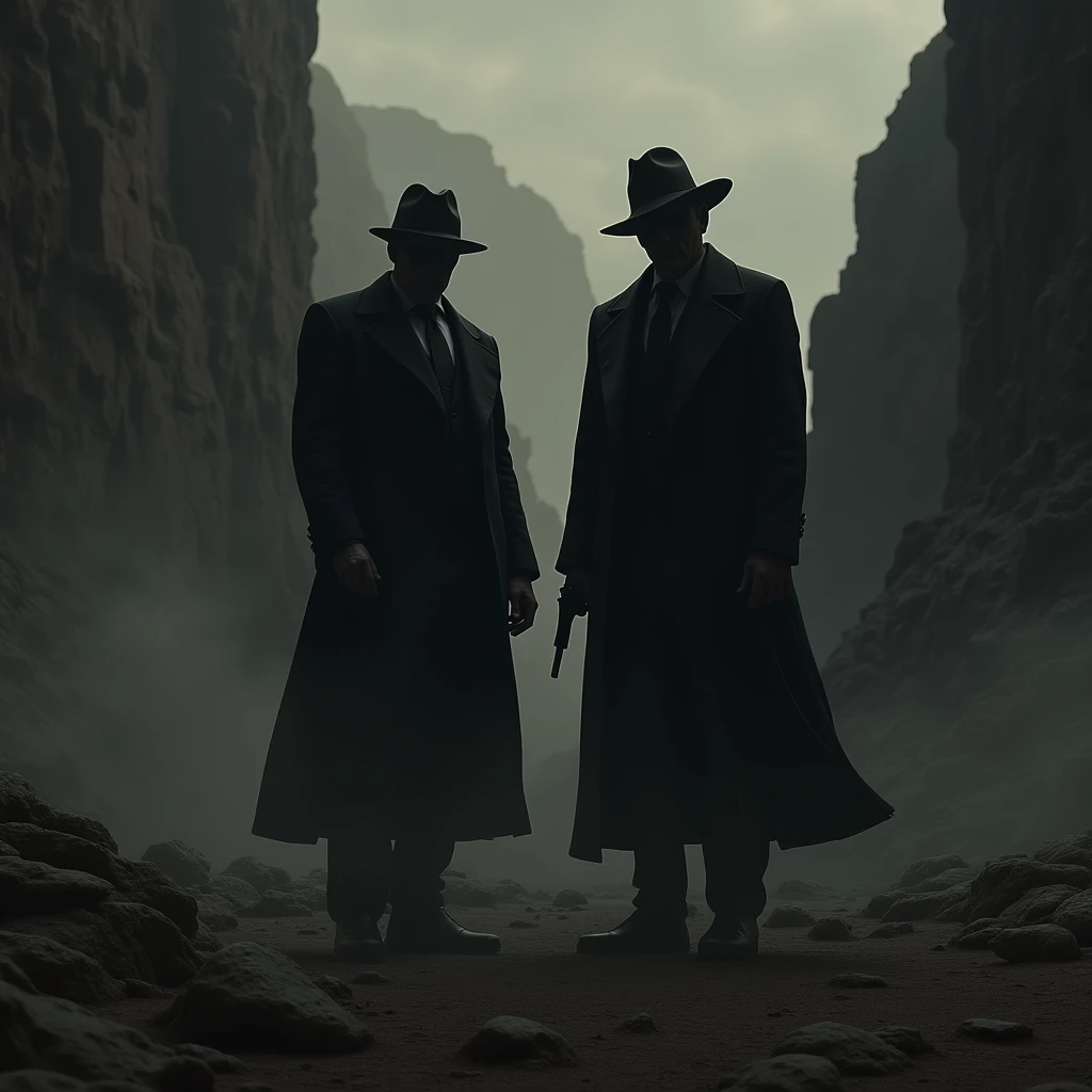 2 gangsters in shadow form. A cliff. Desert
