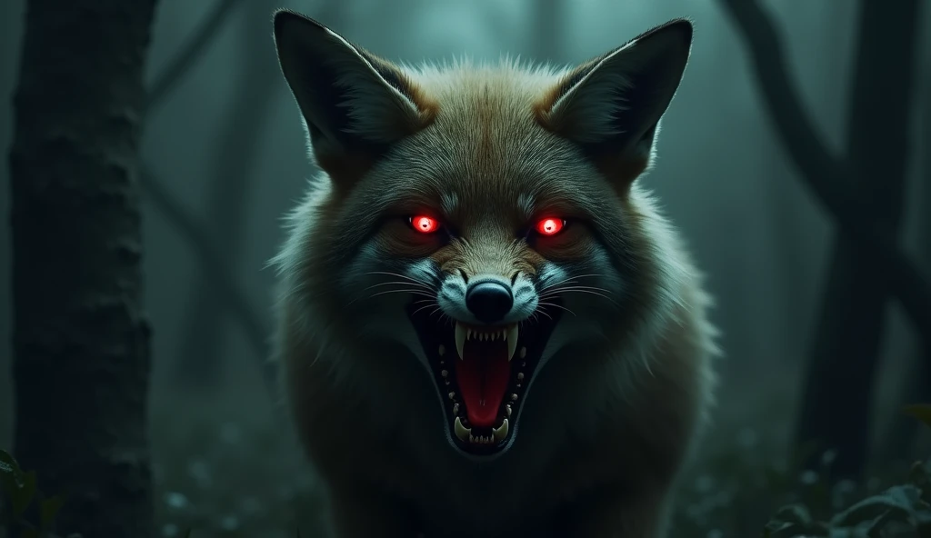 There is a shadow、Horror、Photorealistic、Ultra HD、The fox has its mouth wide open and its eyes glowing red.、Front view