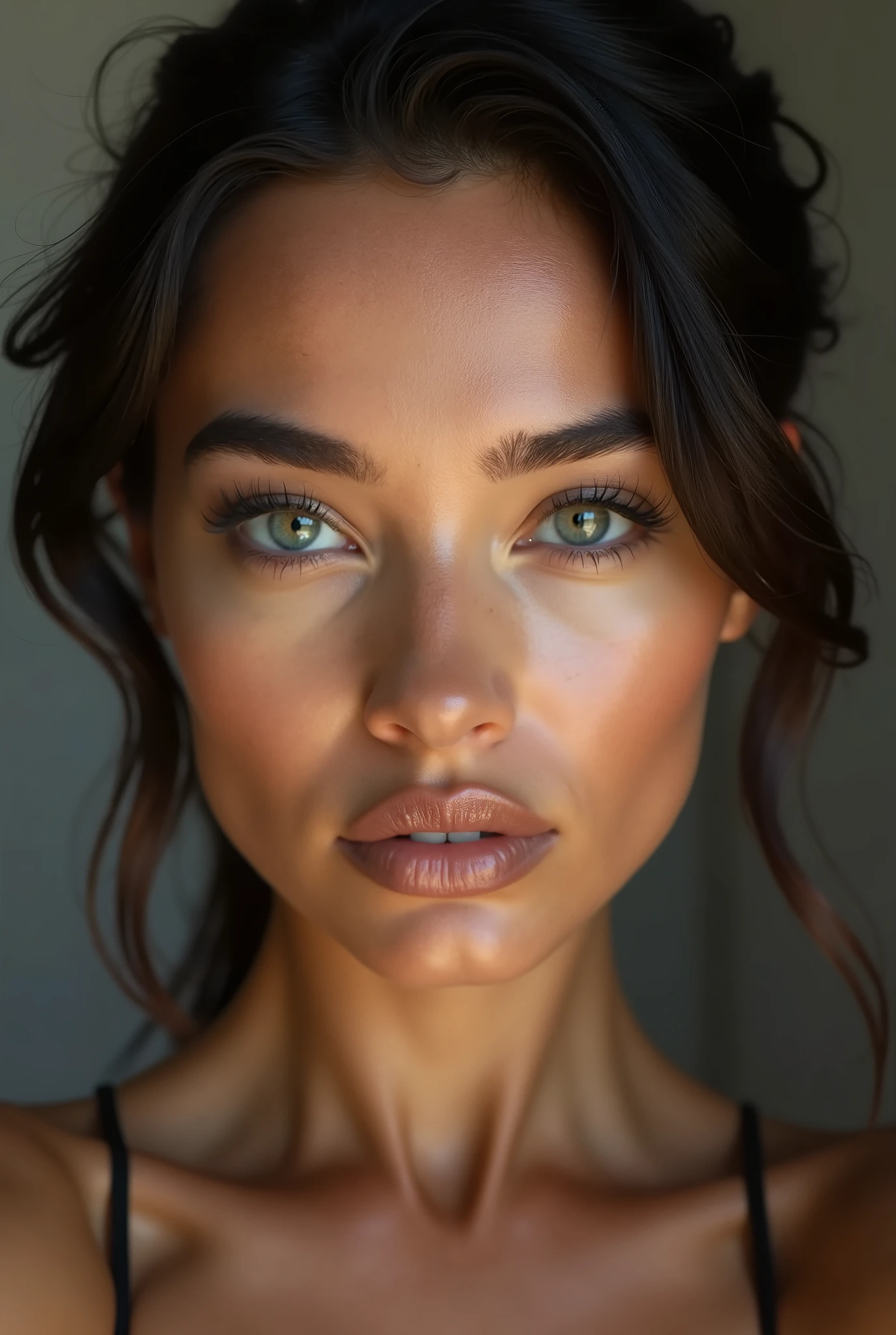 Photographie haute résolution d'une belle femme metisse, bel éclairage, selfie, yeux gris, yeux vert, face, mannequint