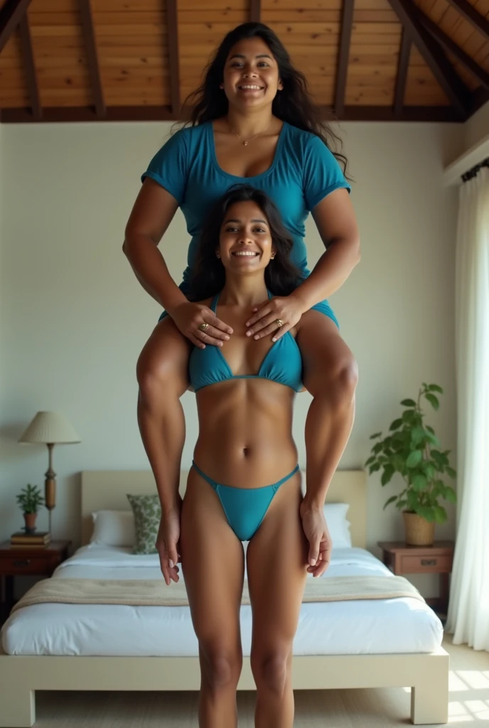 Beautiful and Slim Indian woman in blue blouse bikini  lifting a large chubby fat man above her shoulders, man is sitting on woman's shoulders, in a bedroom with high ceiling, natural smile, woman is looking into the camera , she is holding his hands, full body image 