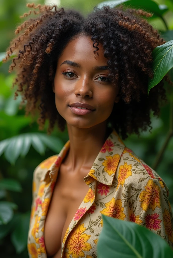 A Brazilian woman in a lush tropical garden, wearing an open shirt with a floral print, with a close-up capturing the harmonious beauty between her breasts and the natural flowers, showing off your natural charm and outgoing personality.