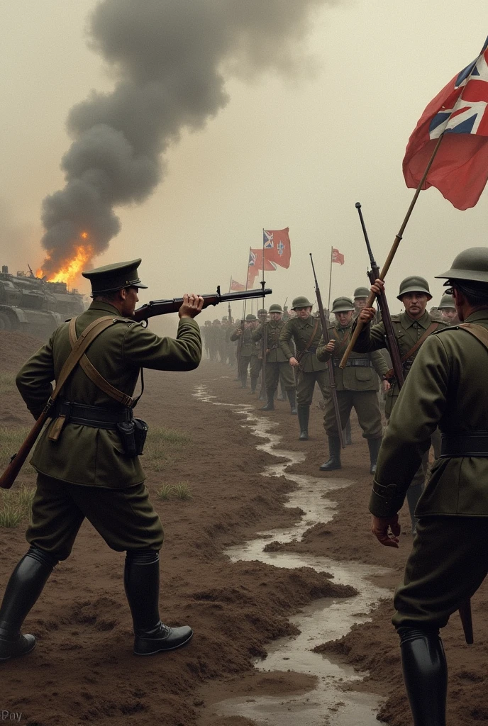Hello, Please create a picture of World War I. That shows both sides in the image, with his soldiers and that this is the English flag. ON A BATTLEFIELD, with weapons, chemical weapons, Tanks, etc. And be realistic. Maybe they are in the trenches.