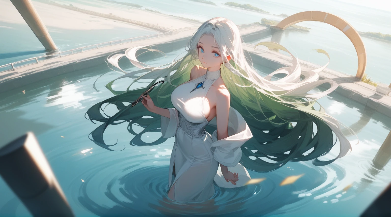 露肉Long hair,woman,White hair,Dark green hair,White clothes,robe,People standing on the water,,Shallow beach,Stream,field,Overlooking,Realistic skin,Perfect anatomical structure, Deep blue eyes,Original hairstyle, Dynamic Angle,Bare belly,Large Breasts, Big Ass, Thin waist, Long hair,Good lighting,Noticeable shadows,Light and Shadow,Reflections in the water