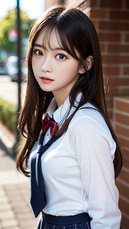(Photorealistic), Beautiful detailed, Highly detailed eyes and face,Perfect figure,】、White school uniform、Long Hair、White Hair、whole body