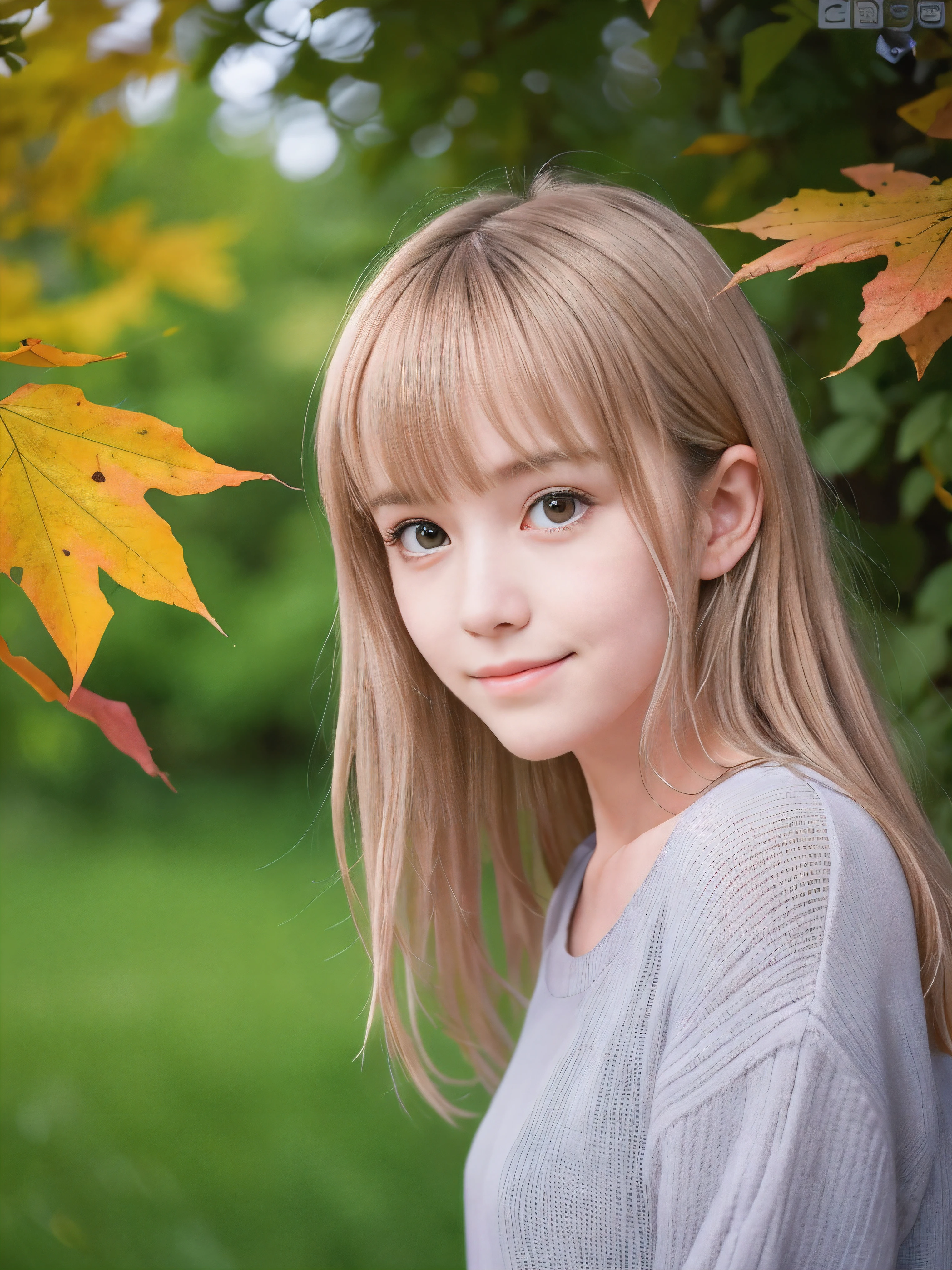(Close up face shot of one slender small half up blonde long hair with bangs girl in a long sleeves shirt and sweater:1.5)、(One blonde hair girl is leaning forward with small smile on the dart road near the lake and big waterfall:1.5)、(Beautiful autumn leaves and mountain:1.5)、(Natural light:1.5)、(8k ultra detailed master piece:1.5)、(perfect anatomy:1.5)、(Photorealistic stick:1.5)、(Raw photo:1.3)、(highest quality:1.5)、(High resolution:1.3)、(Delicate and beautiful perfect face:1.3)、(Delicate and beautiful eye air skin:1.3)、(Real Human Skin:1.3)、((thin legs))