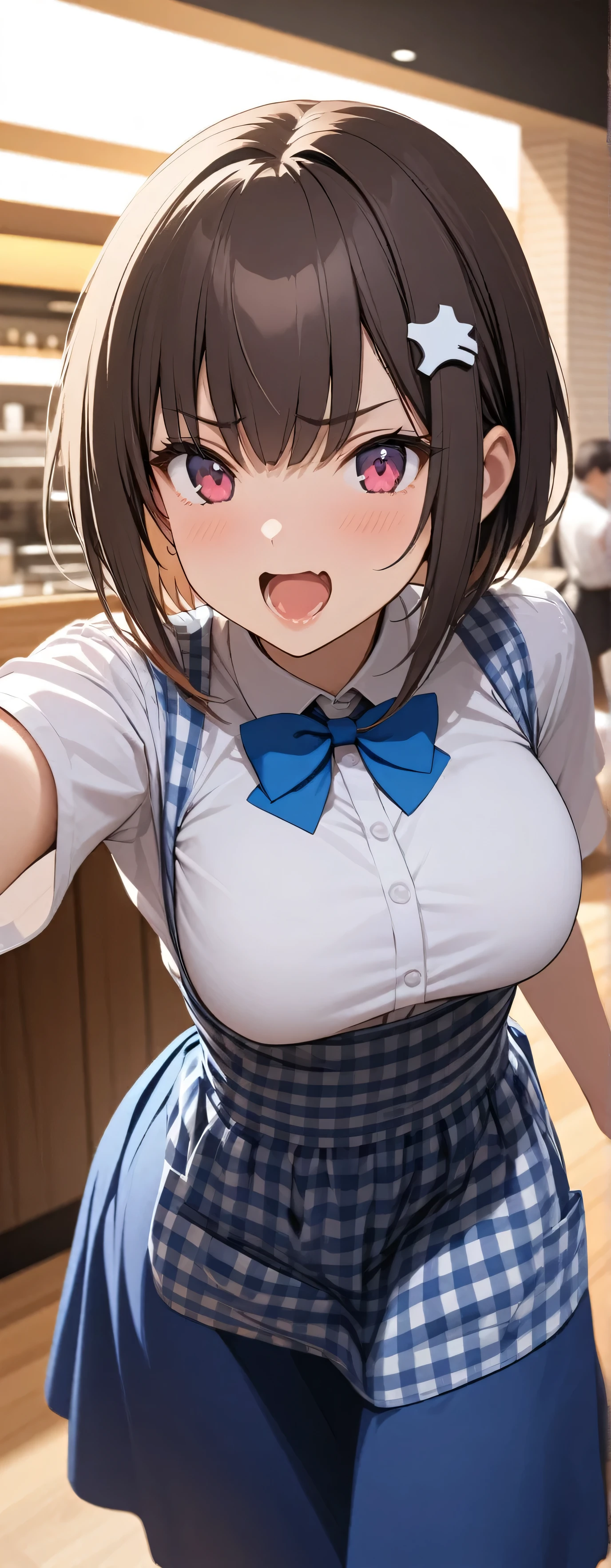 (Beauty: 1.3),One person,masterpiece, Highest quality, Ultra-high resolution,Rich contrast,super high quality,8k,Highly detailed CG unit wallpaper,texture,Unbelievably absurd,Ultra-high resolution,RAW Photos,Depth of Field 1.2,crew, blue bow, blue bowtie, white shirt, short sleeves, blue skirt, blue apron, gingham apron, employee uniform, high-waist skirt, waitress,(Brown Hair,Sharp bob,Berry Short),happy,Very fine eye,bigeyes,looking pleasured, (Perfect hands, Perfect Anatomy),Glowing Skin,Cute cat hairpin,restaurant,Large Breasts,(Slamming to the ground),anger,Skipping,猫がパンを食べようとしたのでangerます