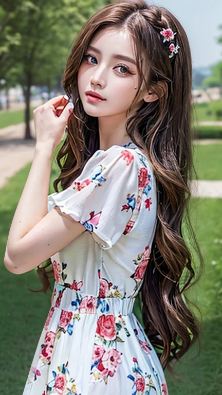 ((Highest quality, 8k, masterpiece: 1.3)), One person, Slender beauty: 1.3, (Long Hair: 1.2), Floral Dress, Long legs: 1.1, Very beautiful face, Beautiful Eyes, double eyelid, Outdoor