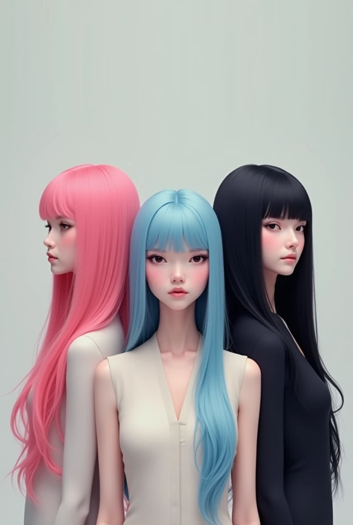 3 people、Pink Hair、Light blue hair、Black Hair、Long Hair