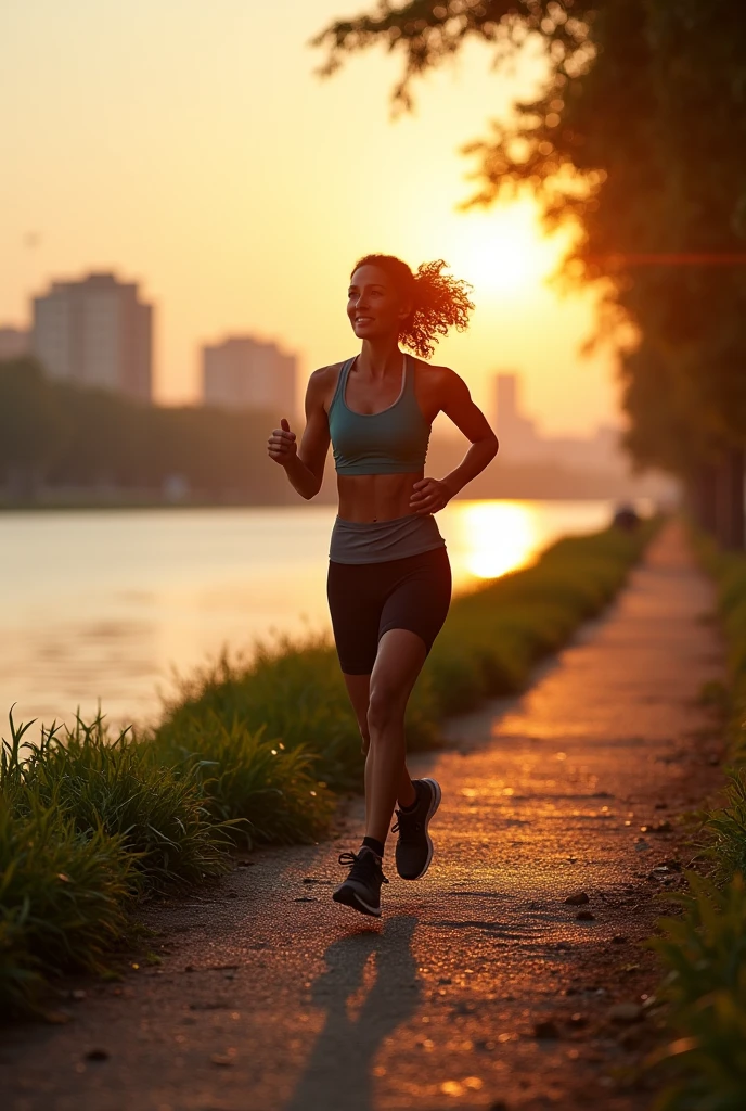 A Mid 35 woman with curly
hair, dressed in workout clothes,
jogging along
a city riverbank at dawn, with the
sun rising in the background.