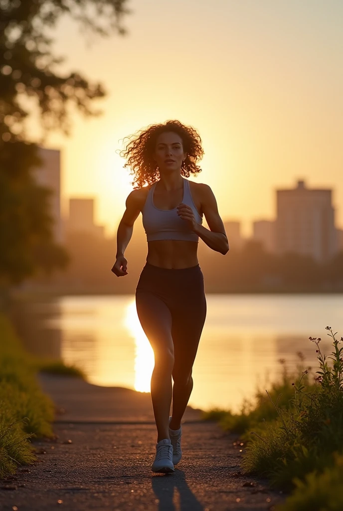 A Mid 35 woman with curly
hair, dressed in workout clothes,
jogging along
a city riverbank at dawn, with the
sun rising in the background.