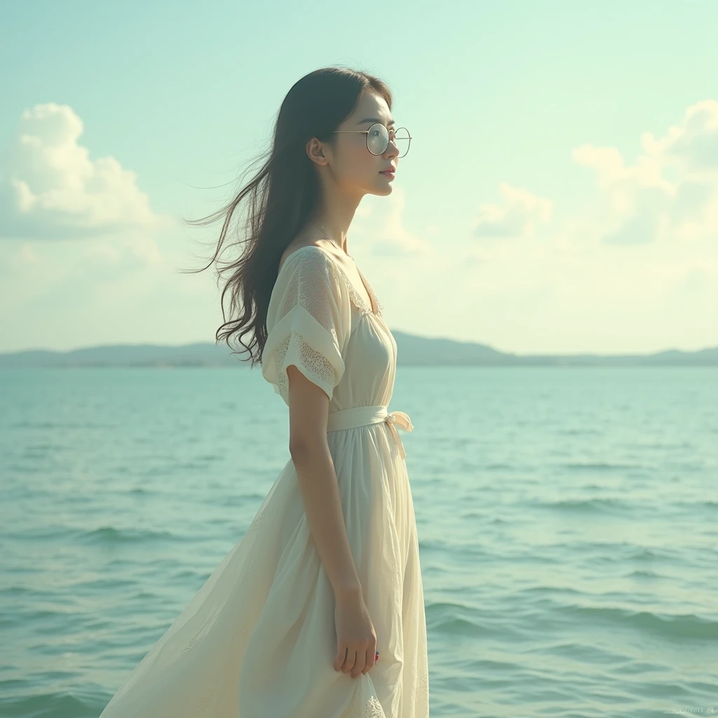 The background is the sea、Wearing a dress、Natural atmosphere、Round glasses、woman