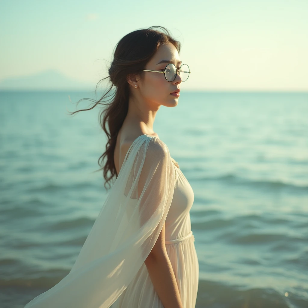The background is the sea、Wearing a dress、Natural atmosphere、Round glasses、woman