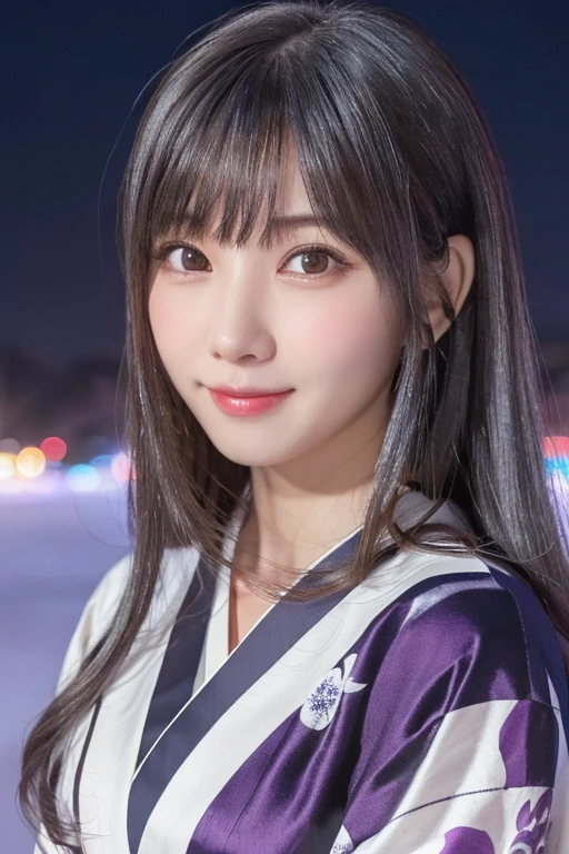 One Girl, (Beautiful girl, Delicate:1.3), (:1.3), (White kimono, Dark purple band:1.3),(night, Snow Mountain, Outdoor, it's snowing:1.2), Very beautiful eyes, (Symmetrical eyes:1.3),
Brown eyes, Parted bangs, (Gray Hair:1.3), (Long Hair:1.3), (The best smile:0.2), (Eye and facial details:1.0), (masterpiece, Highest quality, Super detailed, Detailed face, 8k