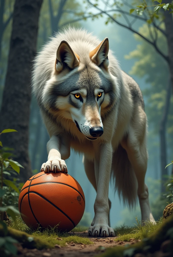 Un lobo con un balón de basketball