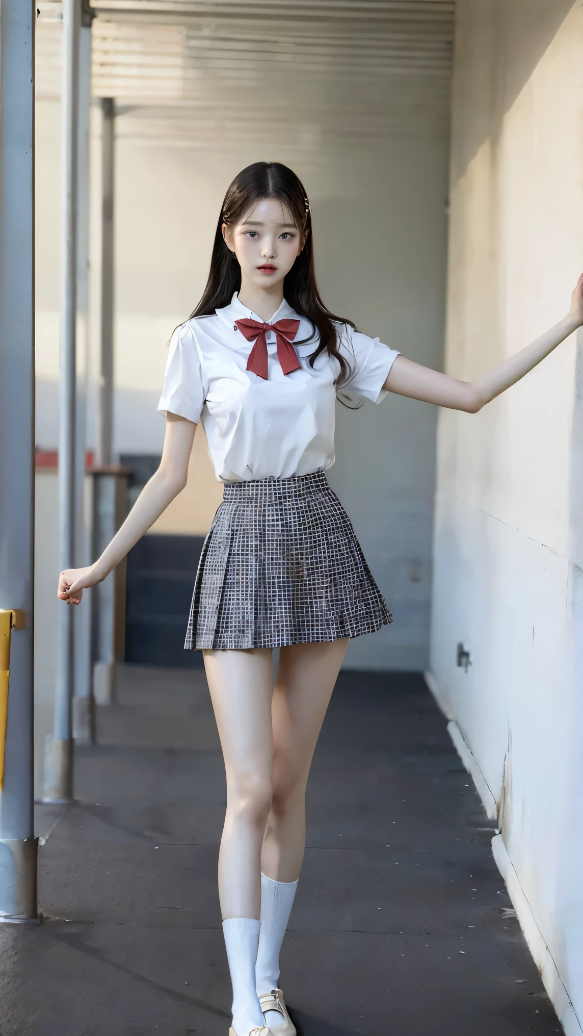 Absurd, RAW Photos, Very delicate and beautiful, masterpiece, Highest quality, Ultra-high resolution, 16K, hyperRealistic, Realistic,  (((whole bodyショット:1.8)))，photoRealistic, photo-Realistic, Very detailed, Perfect Anatomy, Very detailed肌, Perfect figure, Very detailed CG 8k 壁紙, nude, Pussy, shaved Pussy, Nipples, perfect Nipples, Perfect breasts, Round Breasts, Small Head, Perfect Fingers, (((whole bodyショット:1.8)))，(whole body :1.5), Very white skin, Are standing,Stand with your feet together,Stand with your back straight,whole bodyを此方に向ける, Mid-chest, nude, blush, the wind is strong,Long legs，Thin legs， Sexy Legs, on the road,  Fluffy hair, bangs, (2 people :1.5), Small Ass，long and thin arms，Long legs, Mid-chest, Messy Hair,Hands down, Put your hands in your pockets, Hands down,  Sexy pose,Tight waist， friend, nude girlfriend, smile, Happy, medium Round Breasts, Spread your legs, Sexy pose, Spread your legs, walking on the road, Laughter, Lift shirt, 3 people, ((Japanese schoolgirl in uniform)),((Checkered high school uniform and mini skirt)),((High school uniform summer short-sleeved white shirt)), ((Red bow tie))，((Black Loafers))，school boots, Black Hair,  Tight waist，(((Short ankle-length white socks))),((Height 173cm:1.3))，Slim model body shape，(slim and muscular athletic build:1.3)，(slim but muscular legs)，(Thin thighs)，(Long thighs)，(((Clothes that expose a lot of bare skin:1.3)))，((Sexy bare feet:1.3))，((She looks just like Wonyoung from the Korean idol group IVE..:1.8))，1 person,Long legs，((Anatomically correct:1.3))