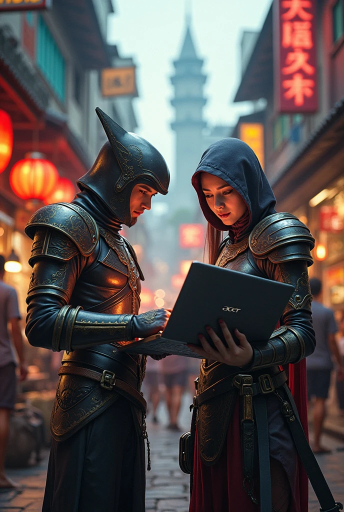 Lineage 2 characters, holding Acer laptop, Bangkok china town