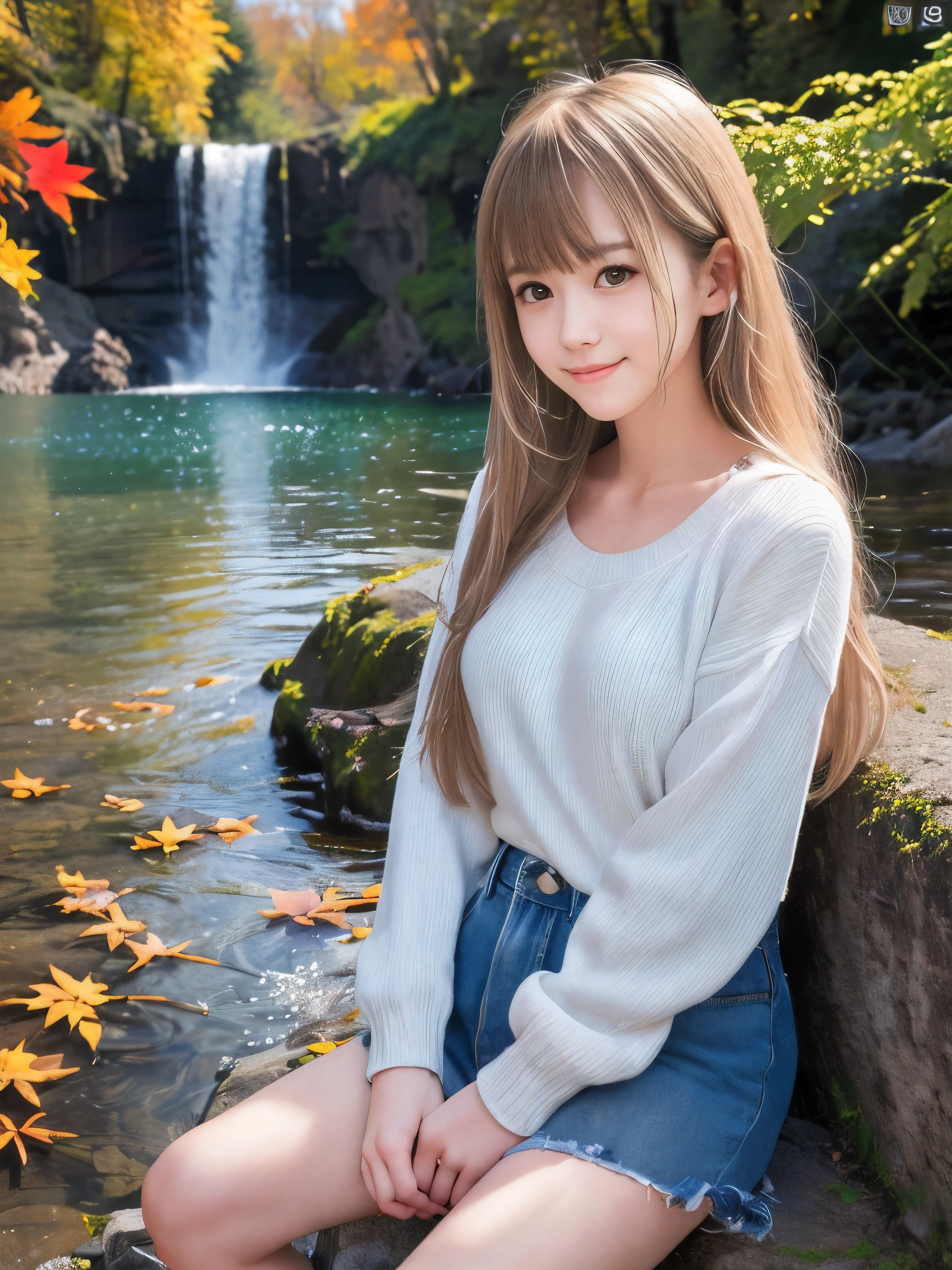 (Close up face shot of one slender small breasts half up blonde long hair with bangs girl in a long sleeves shirt and sweater:1.5)、(One blonde hair girl is leaning forward with small smile on the dart road near the lake and big waterfall:1.5)、(Beautiful autumn leaves and mountain:1.5)、(Natural light:1.5)、(8k ultra detailed master piece:1.5)、(perfect anatomy:1.5)、(Photorealistic stick:1.5)、(Raw photo:1.3)、(highest quality:1.5)、(High resolution:1.3)、(Delicate and beautiful perfect face:1.3)、(Delicate and beautiful eye air skin:1.3)、(Real Human Skin:1.3)、((thin legs))