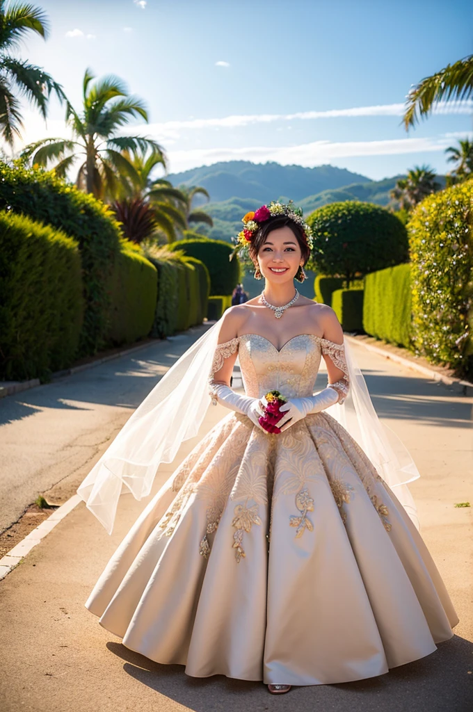((Masterpiece)), ((Best Quality)), A middle-aged short-hair woman, ((She is wearing an ornamental wedding dress)), She is wearing gloves on her hands., outdoor, She is in a tropical beach. She is wearing a big necklace, full body