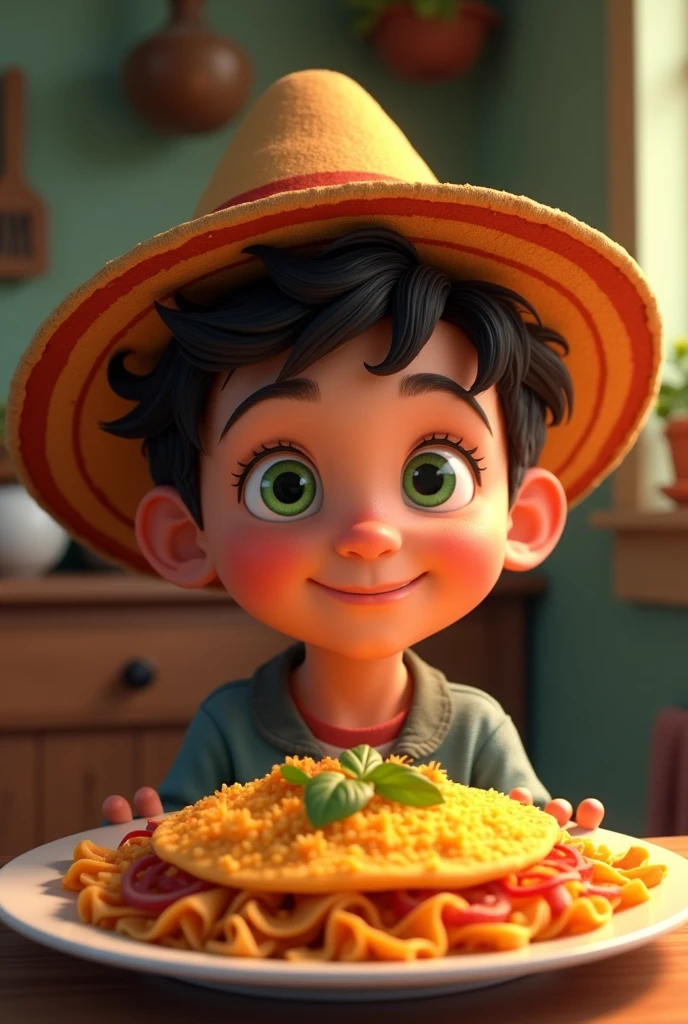Green-eyed boy with pink skin wearing a hat and tasting chilaquiles
