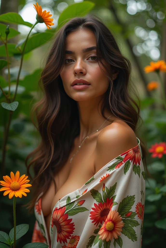 A Brazilian woman in a lush tropical garden, wearing an open shirt with a floral print, with a close-up capturing the harmonious beauty between her breasts and the natural flowers, showing her natural and naked charm
