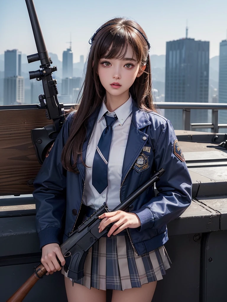1womanl、(Super beautiful)、(beauitful face:1.5)、(A detailed face)、is standing、(high-school uniform)、Dark blue jacket、white shirt、neck tie、Plaid mini skirt、Brown hair、(Dark makeup)、(holding rifle)、(Aim your rifle:1.5)、h&K HK416、(On the roof of a high-rise building)