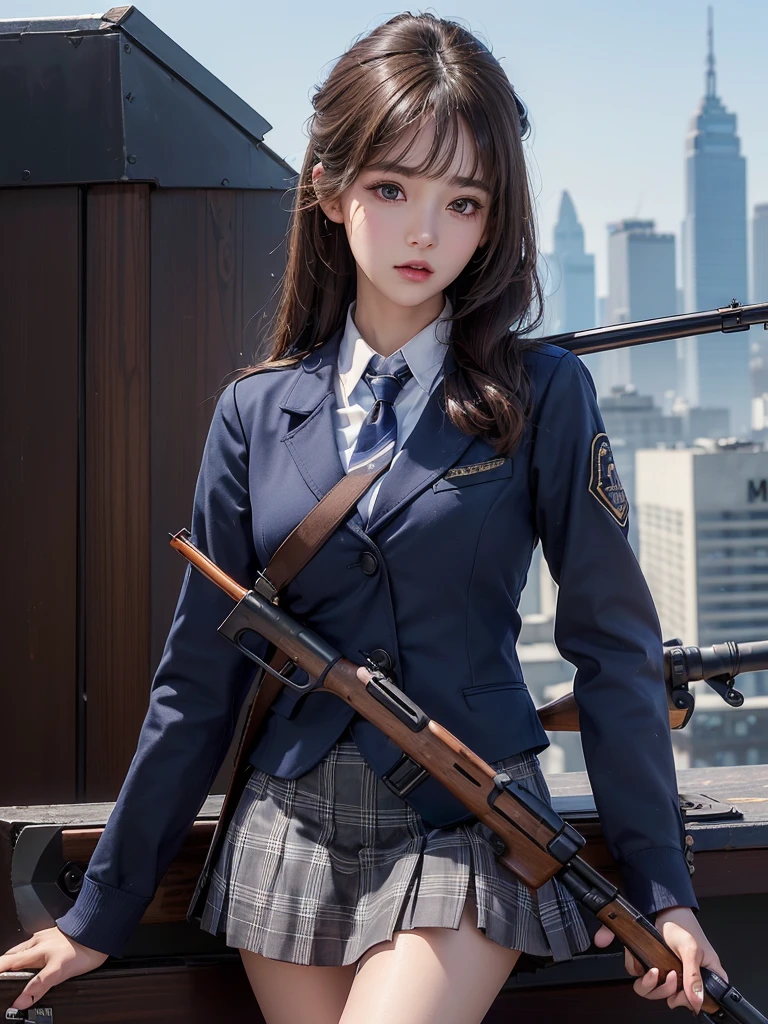 1womanl、(Super beautiful)、(beauitful face:1.5)、(A detailed face)、is standing、(high-school uniform)、Dark blue jacket、white  shirt、neck tie、Plaid mini skirt、Brown hair、(Dark makeup)、(holding rifle)、(Aim your rifle:1.5)、h&K HK416、(On the roof of a high-rise building)