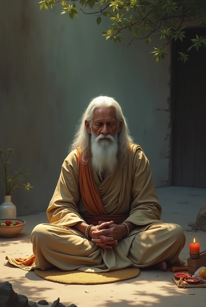 Sage’s Solitude**: The sage sitting alone in his ashram after horss’s passing, meditating in deep thought, with the empty spot beside him serving as a poignant reminder.