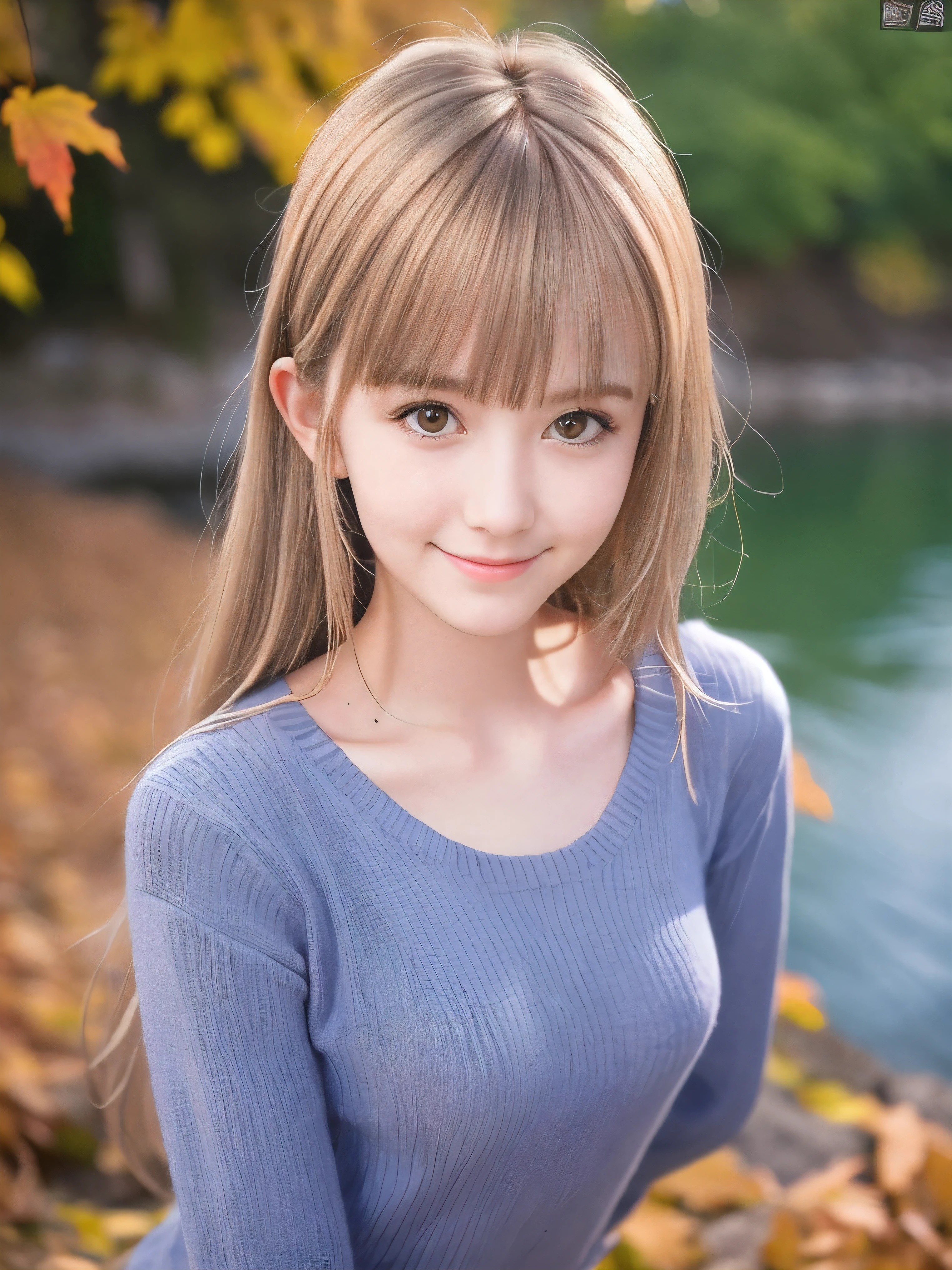 (Close up face shot of one slender small breasts half up blonde long hair with bangs girl in a long sleeves shirt and sweater:1.5)、(One blonde hair girl is leaning forward with small smile on the dart road near the lake and big waterfall:1.5)、(Beautiful autumn leaves and mountain:1.5)、(Natural light:1.5)、(8k ultra detailed master piece:1.5)、(perfect anatomy:1.5)、(Photorealistic stick:1.5)、(Raw photo:1.3)、(highest quality:1.5)、(High resolution:1.3)、(Delicate and beautiful perfect face:1.3)、(Delicate and beautiful eye air skin:1.3)、(Real Human Skin:1.3)、((thin legs))