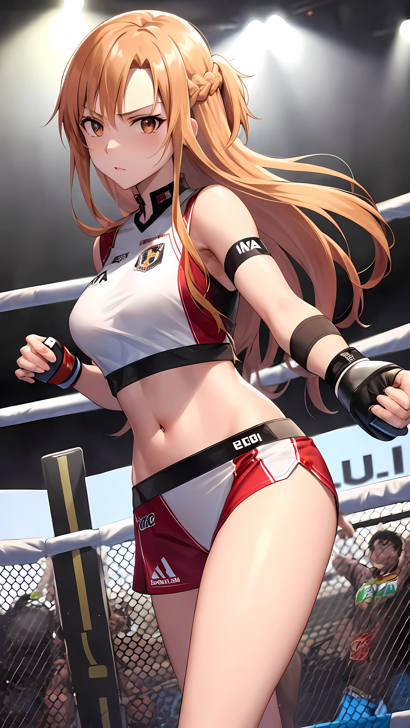 Asuna yuki(Sword Art Online), Dynamic Angle, Long bronze hair,Braiding,Brown eyes,Detailed eyes,Large bust line,(wearing MMA uniform:1.5, thigh, belly button), Roll Forward,Genuine,Her slim legs are really cute.,Very beautiful long legs, Perfect body,Genuine,(Independent),(on MMA Arena :1.5),glaring, Fighting stance, Ultra HD,Detailed eyes,Detailed face,cowboy shot,