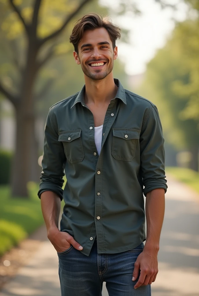 "A hyper-realistic, full-body image of a handsome young man with a well-defined physique. He stands confidently with a natural posture, wearing a casual yet stylish outfit that includes a fitted shirt and jeans. His hair is slightly tousled, and his expression is warm and inviting, with a genuine smile that lights up his face. The background is a softly blurred, natural outdoor setting, enhancing the realism of the scene while keeping the focus on his lifelike facial features and overall appearance."