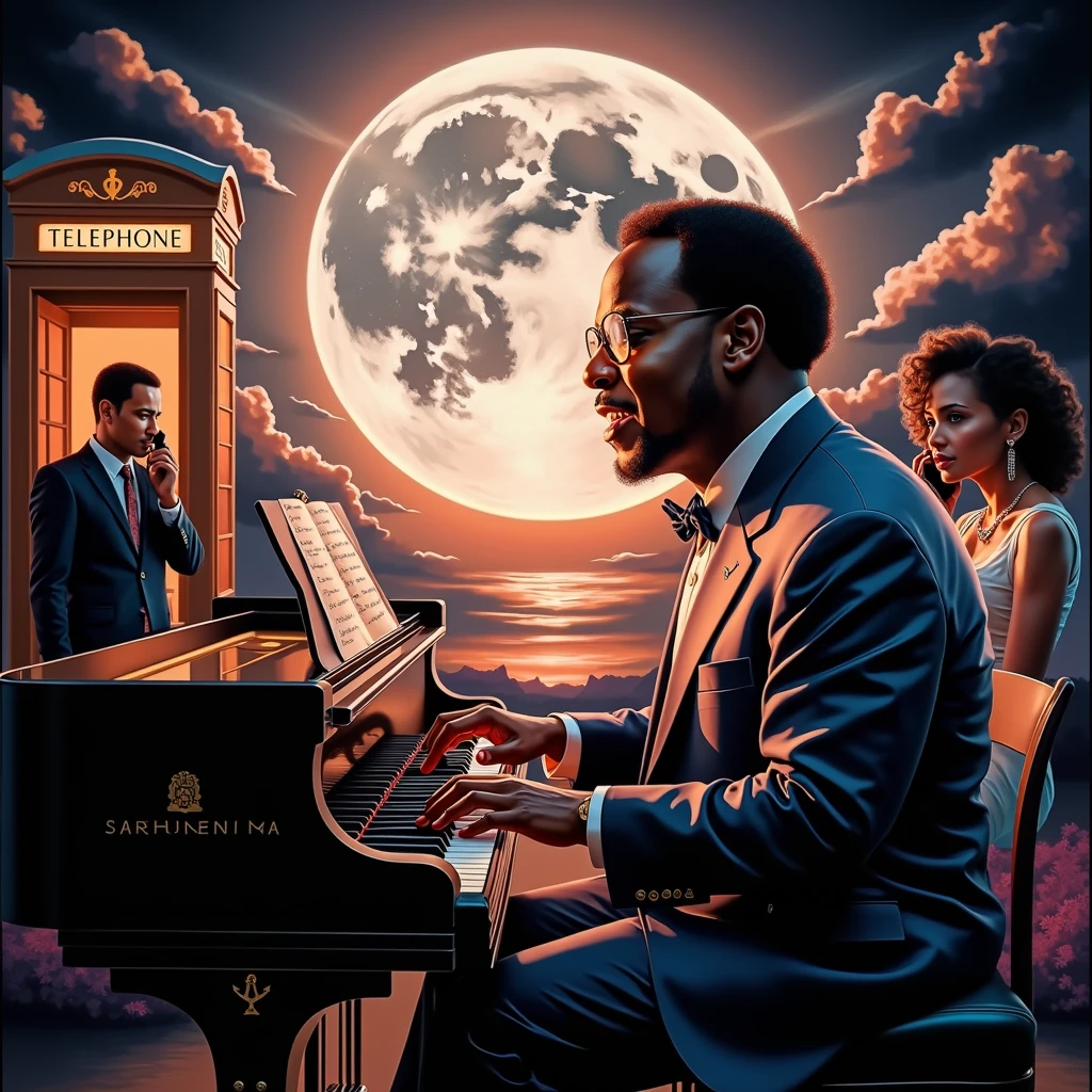 A captivating 8K digital painting of Stevie Wonder playing a grand piano under the warm glow of a full moon. The moonlightilluminates Stevie's profile and casts a soft glow on his face. The grand piano has a faint color inside. Stevie's silhouette blends perfectly with the serene background. On the left, a man inside a telephone booth speaks on the phone. On the right, a beautiful woman speaks on the phone. The emotional depth of the image is accentuated by the vibrant colors and the contrast between Stevie's illuminated profile and the moonlight. The overall feel of the painting is modern and vibrant, with a sense of mystical charm.