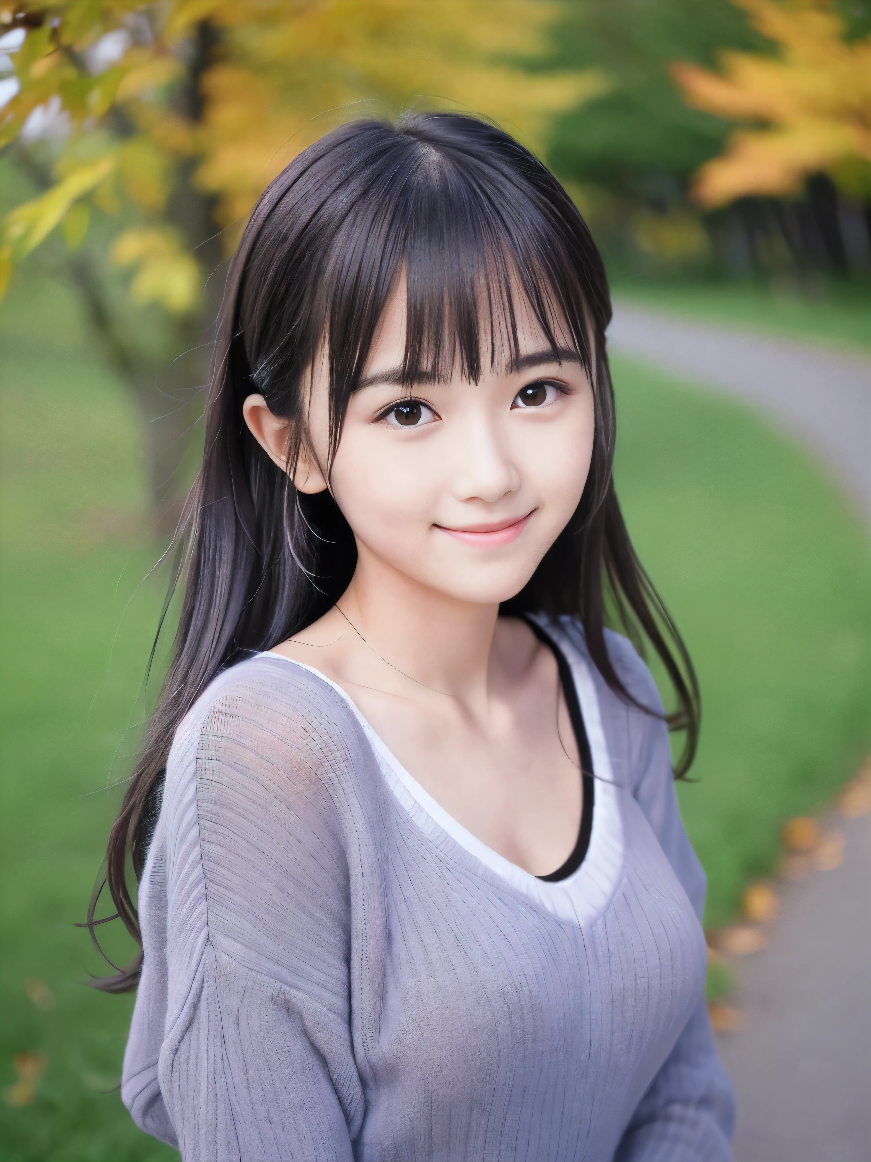 (Close up face shot of one slender small breasts half up brown long hair with bangs girl in a long sleeves shirt and sweater:1.5)、(One girl is leaning forward with happy smile on the dart road near the lake and big waterfall:1.5)、(Beautiful autumn leaves and mountain view:1.5)、(Natural light:1.5)、(8k ultra detailed master piece:1.5)、(perfect anatomy:1.5)、(Photorealistic stick:1.5)、(Raw photo:1.3)、(highest quality:1.5)、(High resolution:1.3)、(Delicate and beautiful perfect face:1.3)、(Delicate and beautiful eye air skin:1.3)、(Real Human Skin:1.3)、((thin legs))