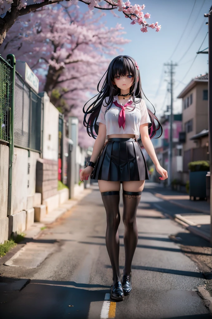 1girl, black skirt, branch, building, chain-link fence, cherry blossoms, fence, long hair, outdoors, petals, pleated skirt, rain, shirt, short sleeves, skirt, solo, standing, tree,
sky,street