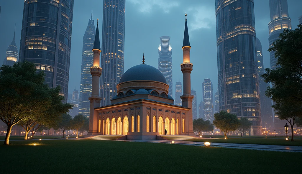 a small mosque with a hut architecture in the middle of a skyscraper but surrounded by a neat grass garden at night