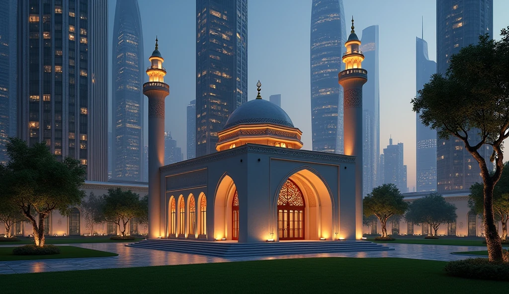 a small mosque with a hut architecture in the middle of a skyscraper but surrounded by a neat grass garden at night