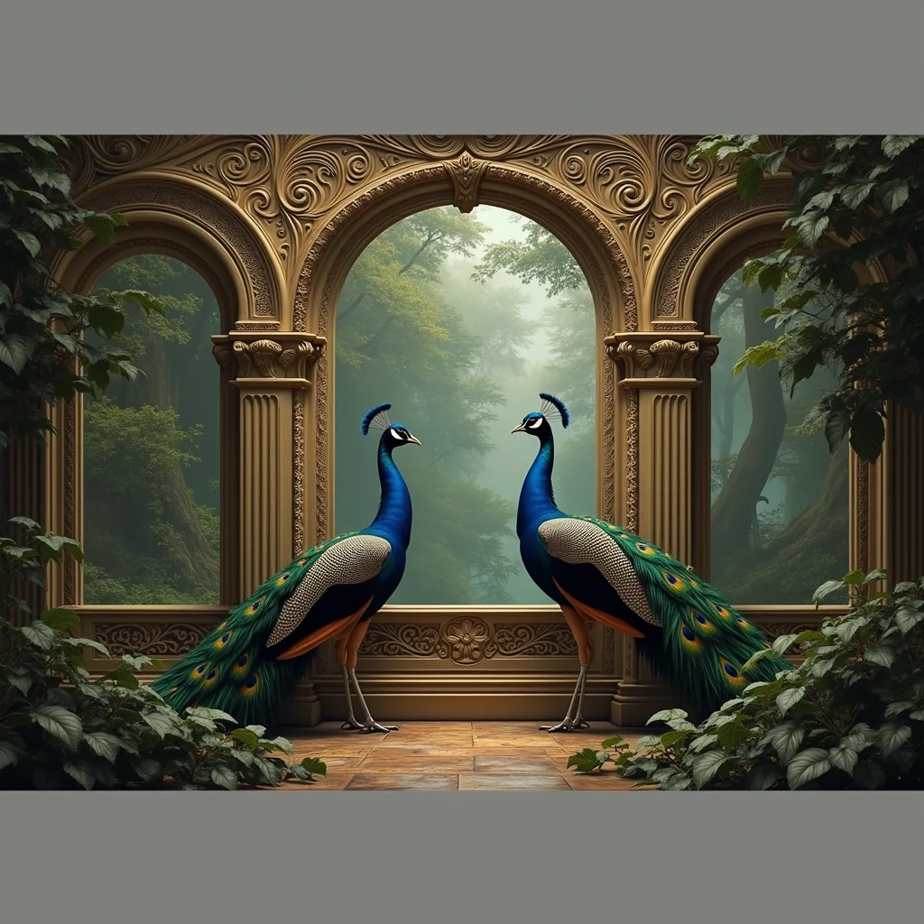 there are two peacocks standing in front of a window with a plant, a matte painting inspired by John Atkinson Grimshaw, shutterstock contest winner, fantastic realism, baroque style painting backdrop, stunning arcanum backdrop, background art deco palace, royal garden background, exquisite matte painting, ornate backdrop, art nouveau jungle environment, elegant digital painting, detailed 3d gothic oil painting