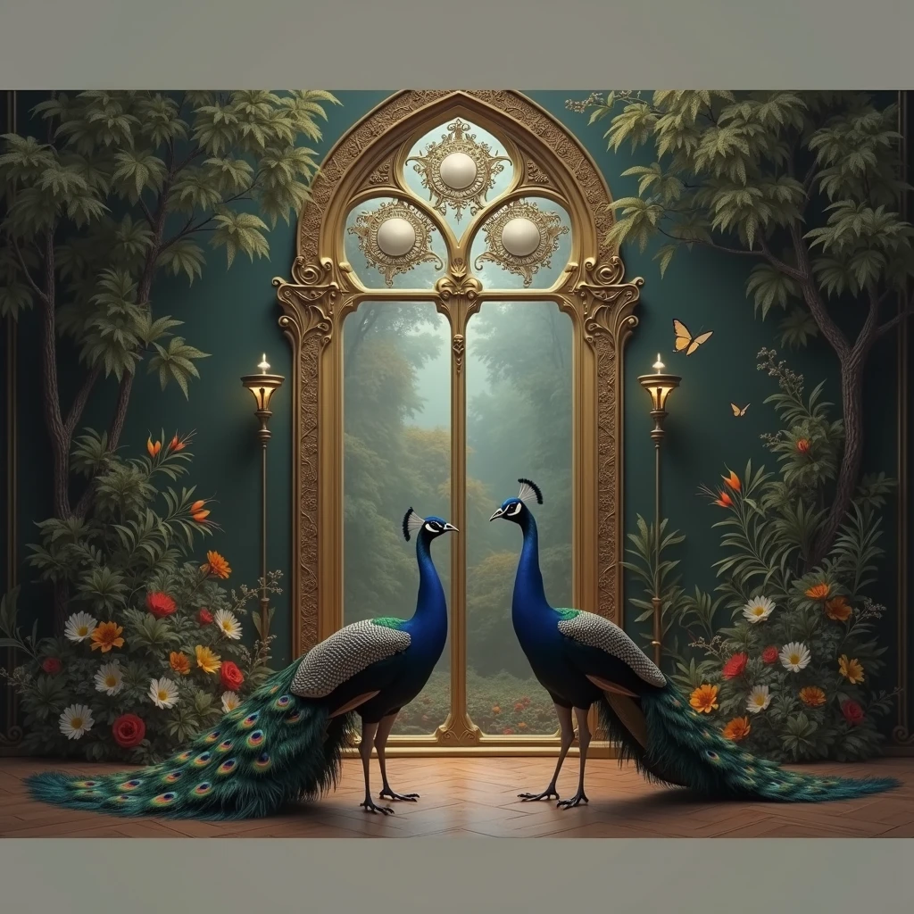 there are two peacocks standing in front of a window with a plant, a matte painting inspired by John Atkinson Grimshaw, shutterstock contest winner, fantastic realism, baroque style painting backdrop, stunning arcanum backdrop, background art deco palace, royal garden background, exquisite matte painting, ornate backdrop, art nouveau jungle environment, elegant digital painting, detailed 3d gothic oil painting
