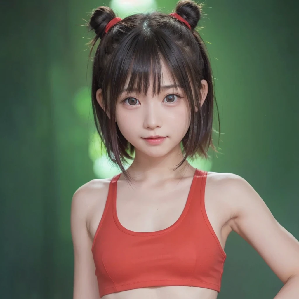 Highest quality、8ｋ、２５age、,Real women、Realistic photos、Cyberpunk Red Green Background、(((Upper body naked))),smile,(((Small body))),(((Cute little sister))),、、Round face,Big eyes, Round eyes、No makeup、Sweaty