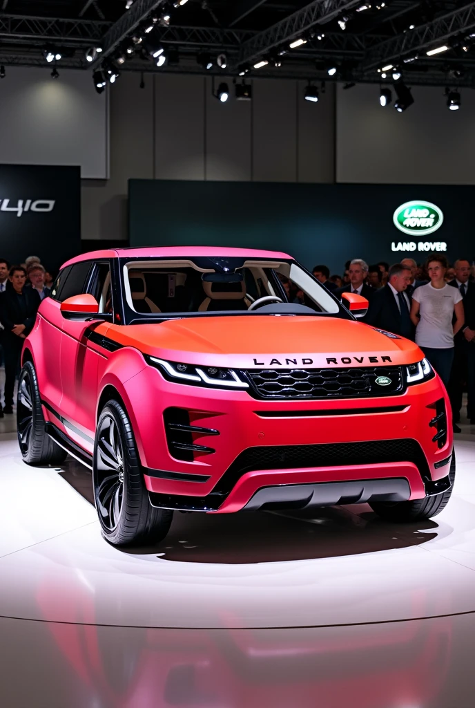 Create an image of the red and pink Land Rover car being displayed at a car show
