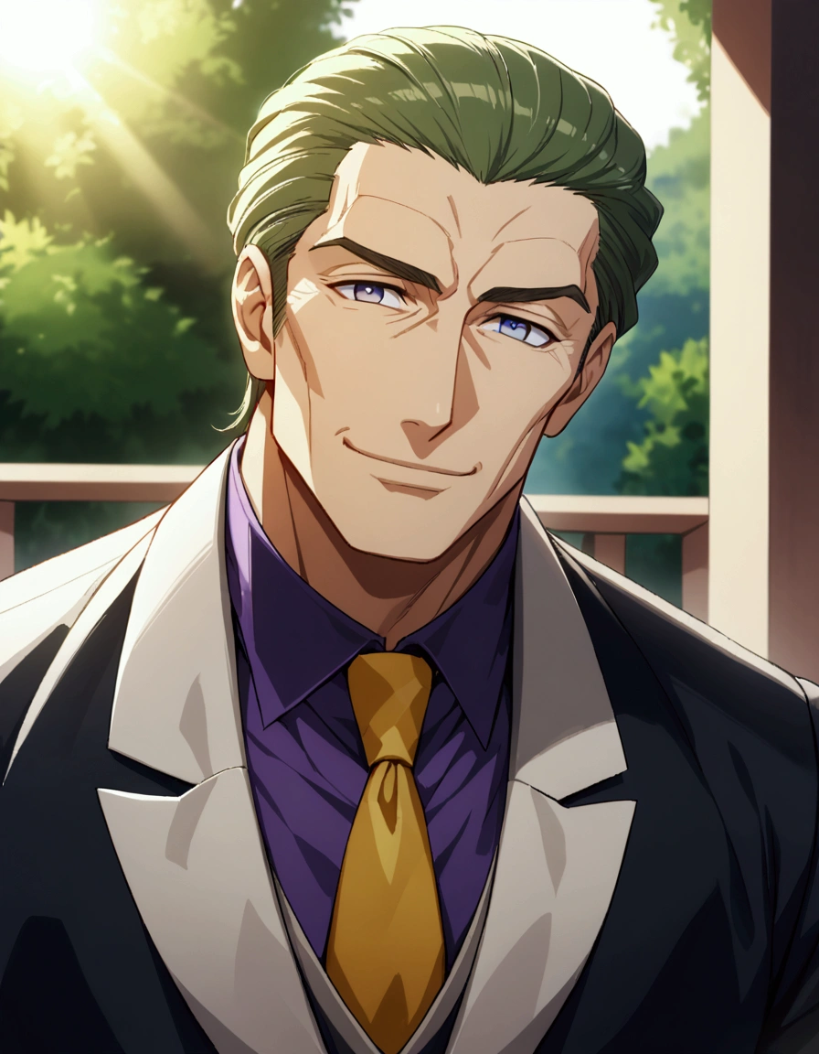 1man, (mature dad in ail-soft style, dandy president, moss olive hair, deepblue eyes, arafed spiky hair slicked back, businessman hairstyle), ideal ratio body proportions, BREAK (over 30s, elder producer, toned dilettante, high cheekbones, broad shoulder, square shaped face, handsome, beautiful detailed eyes, under 40s), BREAK (violet formal jacket, purplewhite shirt, yellow necktie, simple costume), BREAK solo, cool smile, smart emotion, BREAK upperlegs, romantic expression, 2000s, old hentai CG, in Ribahara Aki style, BREAK depth of field, dutch angle, cinematic shadows, cinematic lighting, lens flare, light leaks, texture, absurdres absolutely resolution, extreme all detailed, greatest paint, BREAK masterpiece, best quality, BREAK score_9, score_8_up, score_7_up, source_anime, rating_safe, score_6_up, score_5_up, score_4_up