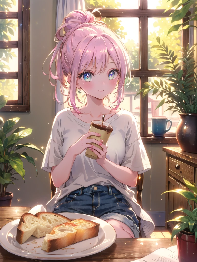 ((8k, Highest quality, masterpiece: 1.3)),Ultra-high resolution,(1 girl, alone), (Color changing eyes, Ultra-detailed, Expressive brilliance, Glitter, Glowing Eyes), Highly detailed eyes, Highly detailed face, Random Hair, ((pastel colour) The woman is seated at a small, sunlit table in a cozy, corner café. A bowl of creamy tomato soup with a single slice of garlic bread is placed in front of her. She’s dressed in a casual striped t-shirt and high-waisted shorts, her hair tied up in a loose bun. The café has a warm, rustic interior with wooden furniture and plants on every windowsill. She looks at the camera with a soft, content smile, her eyes slightly squinting in the afternoon sun, as she shares a peaceful moment with her boyfriend, her hand resting lightly on the table.